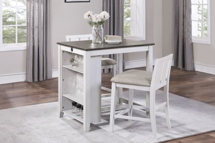 Transitional Design White and Gray Finish 3-piece Pack Counter Height Set Table w Display Shelf USB ports and 2x Counter Height Chairs Fabric Upholste