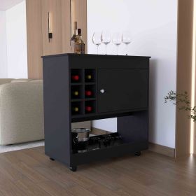 37" H light black bar-coffee cart, kitchen or living room cabinet, with 4 wheels, central storage with 2 doors